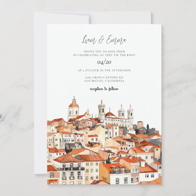 Invitación Boda de acuarela de Lisboa de época (Anverso)