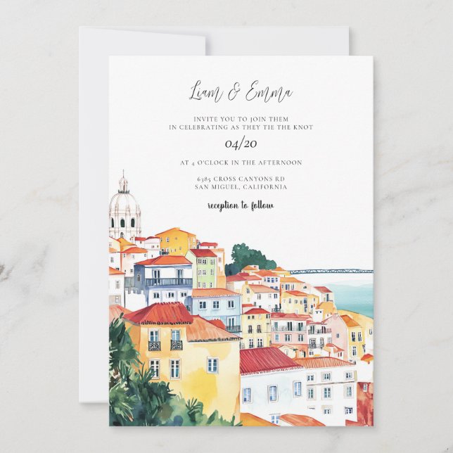 Invitación Boda de acuarela de Lisboa de época (Anverso)