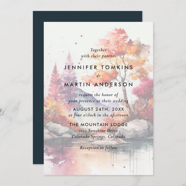 Invitación Boda de acuarela de los árboles del lago Fall Moun (Anverso / Reverso)
