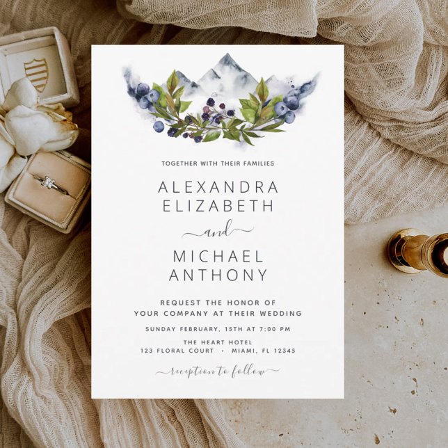 Invitación Boda de acuarela de los bosques de las montañas ru (Subido por el creador)