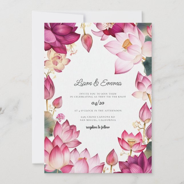 Invitación Boda de acuarela de loto en India (Anverso)