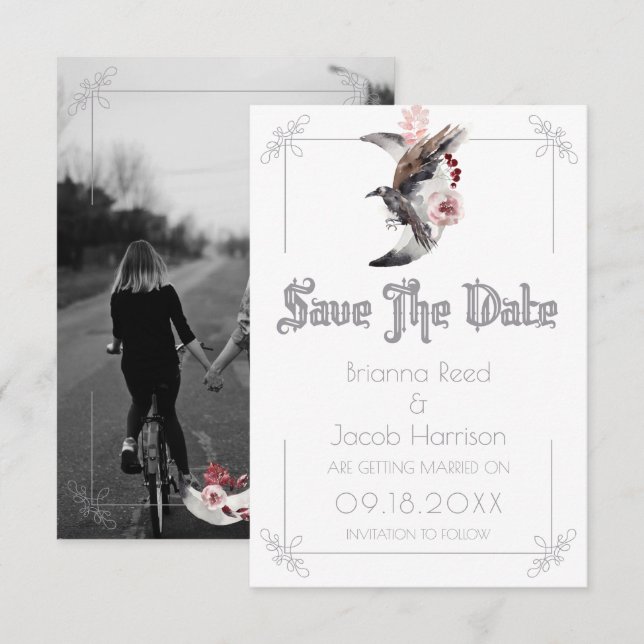Invitación Boda de Acuarela de Luna y Cuervo Guardar la Fecha (Anverso / Reverso)