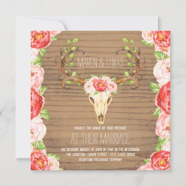 Invitación Boda de Acuarela de Madera Rústica de Cuerno de Ci (Anverso)