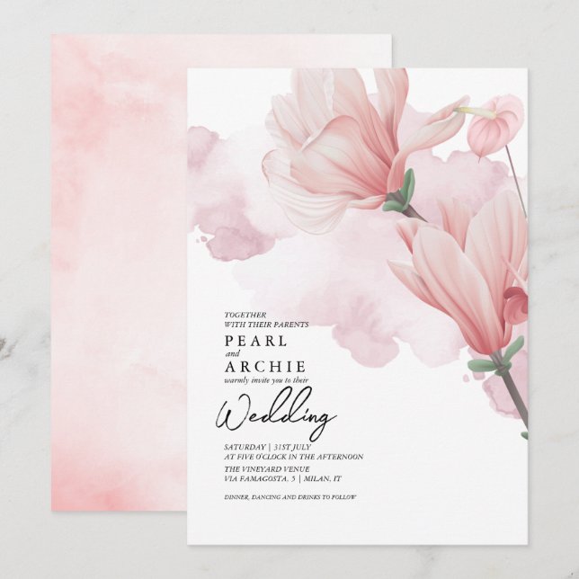 Invitación Boda de acuarela de Magnolia floral rosa Rubor (Anverso / Reverso)