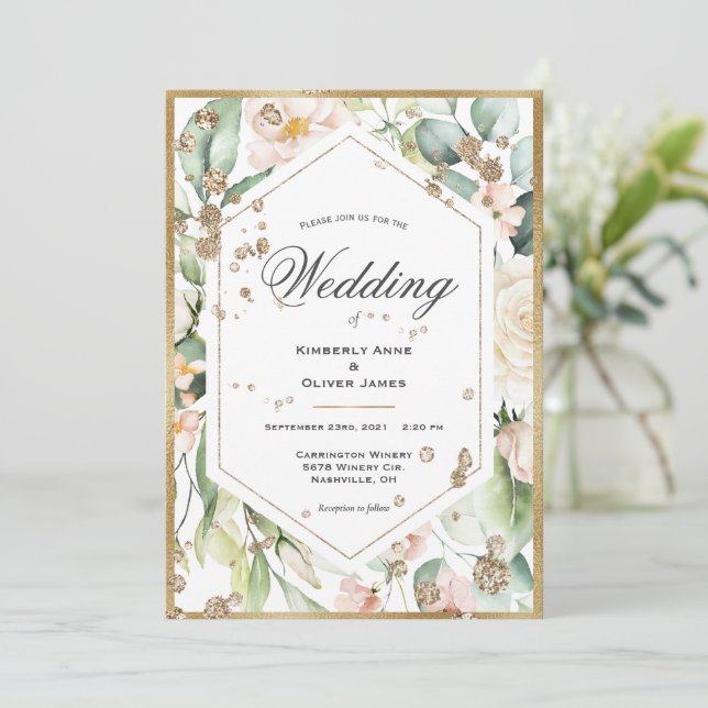 Invitación Boda de acuarela de marco dorado floral (Anverso de pie)