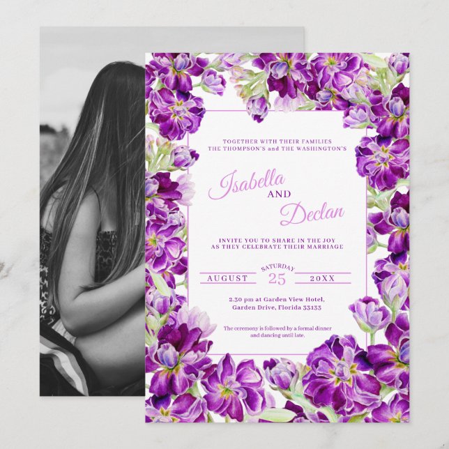 Invitación Boda de acuarela de marco floral de material morad (Anverso / Reverso)