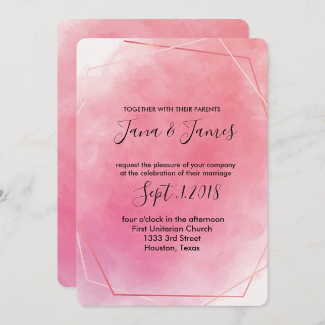 Invitación Boda de acuarela de marco rosa Rosa (Anverso / Reverso)