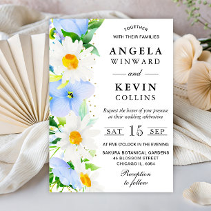 Invitación Boda de Acuarela de Margaritas y Flores Azules