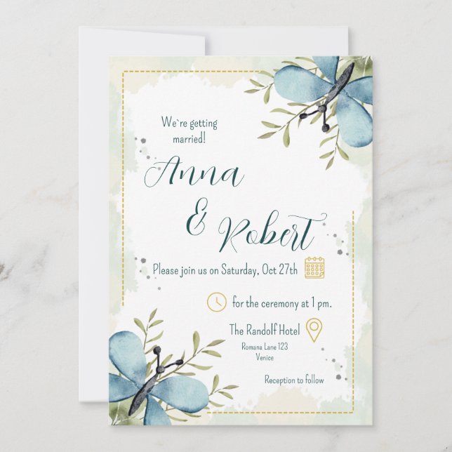 Invitación Boda de acuarela de mariposa azul claro (Anverso)