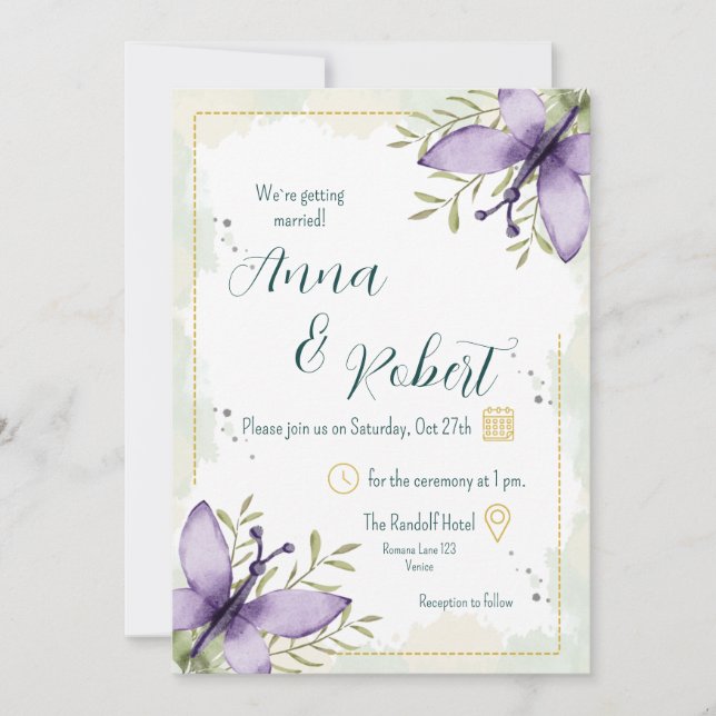 Invitación Boda de acuarela de mariposa Lilac (Anverso)