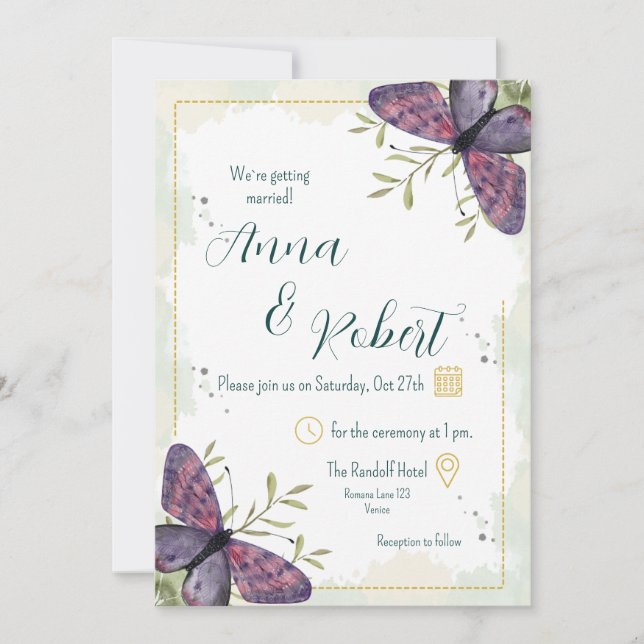 Invitación Boda de acuarela de mariposa violeta (Anverso)