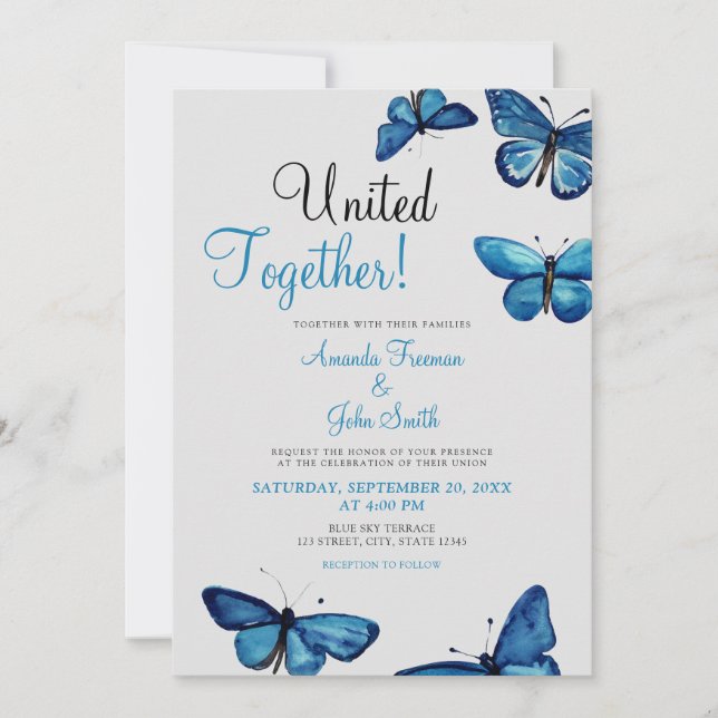 Invitación Boda de acuarela de mariposas azules estéticas (Anverso)