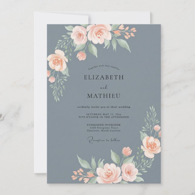 Invitación Boda de acuarela de melocotón azul polvoriento (Anverso)