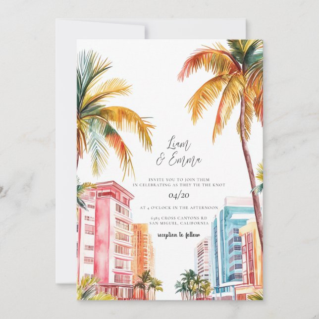 Invitación Boda de acuarela de Miami Beach (Anverso)