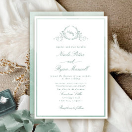 Invitación Boda de acuarela de monograma verde pálido clásico