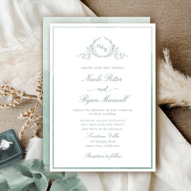 Invitación Boda de acuarela de monograma verde pálido clásico (Subido por el creador)
