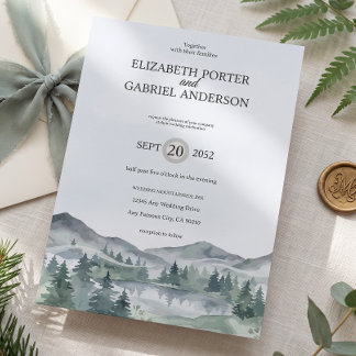 Invitación Boda de acuarela de montaña árbol perenne rústico