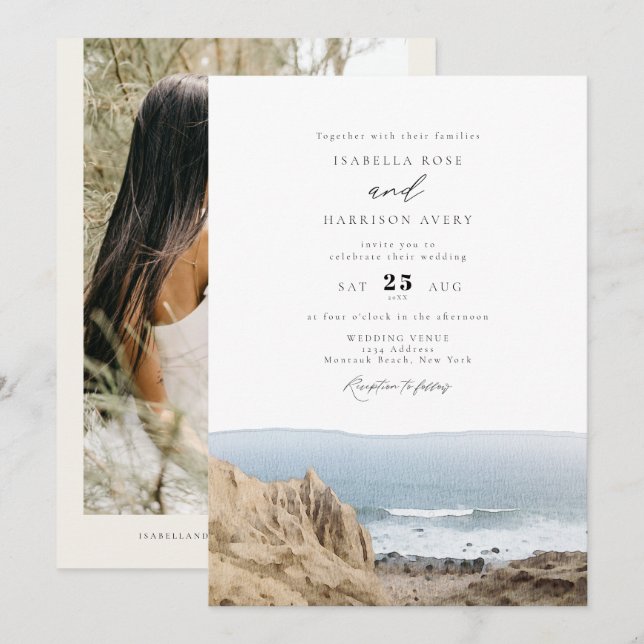 Invitación BODA de acuarela de MONTAUK Beach New York (Anverso / Reverso)