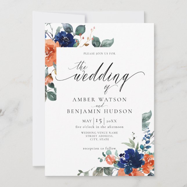 Invitación Boda de acuarela de Naranja quemado por la marina  (Anverso)