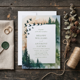 Invitación Boda de acuarela de naturaleza con bosque y pájaro