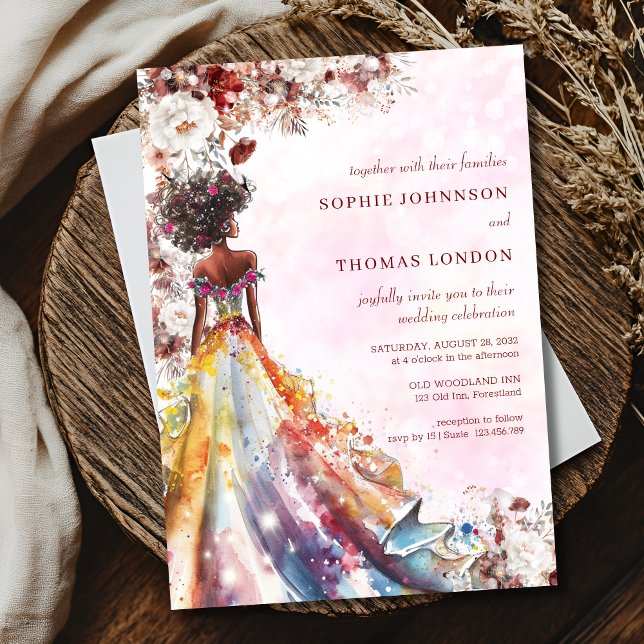 Invitación Boda de acuarela de novia negra florida (Subido por el creador)