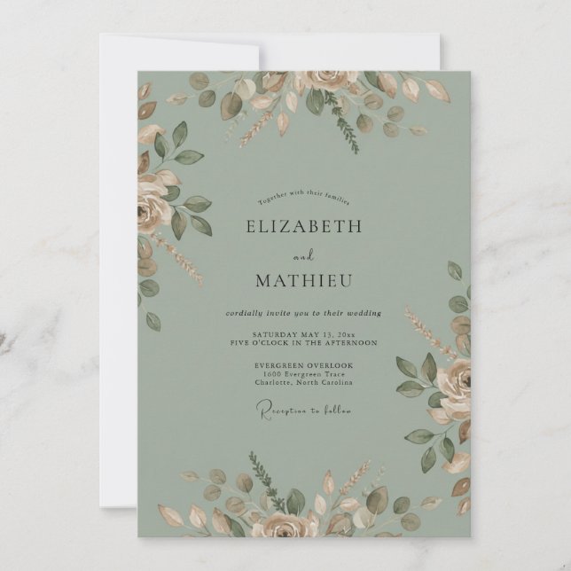 Invitación Boda de Acuarela de Oliva Salvia (Anverso)