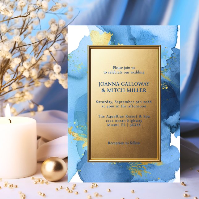 Invitación Boda de acuarela de oro azul de la marina abstract (Modern Abstract Navy Blue Gold Watercolor Wedding Invitation)