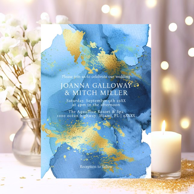 Invitación Boda de acuarela de oro azul de la marina abstract (Modern Abstract Navy Blue Gold Watercolor Wedding Invitation)