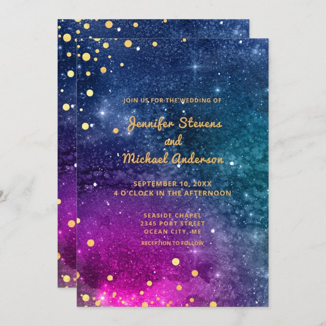 Invitación Boda de acuarela de oro azul para pavo real modern (Anverso / Reverso)