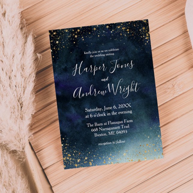 Invitación Boda de acuarela de oro de la marina nocturna Star (Subido por el creador)