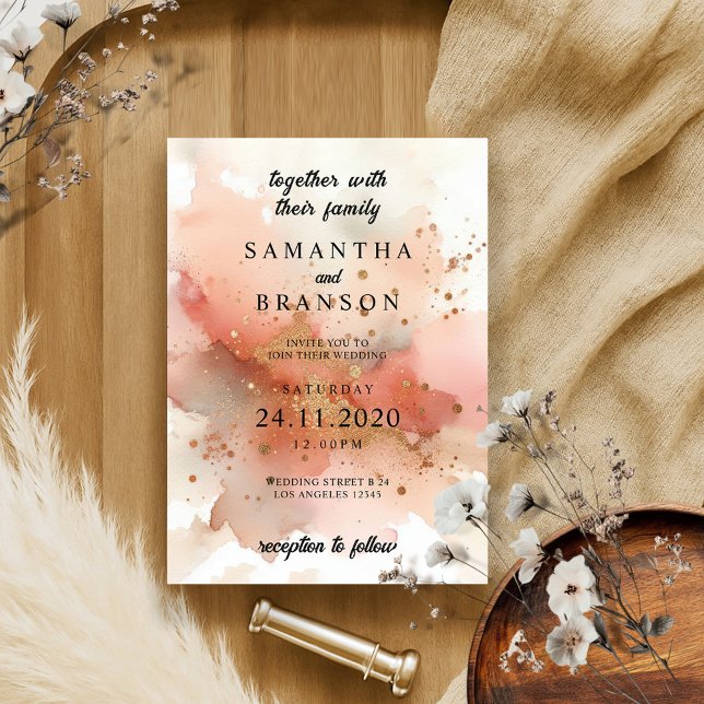 Invitación Boda de acuarela de oro rosa elegante moderna (Subido por el creador)