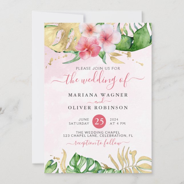 Invitación Boda de acuarela de oro tropical floral (Anverso)