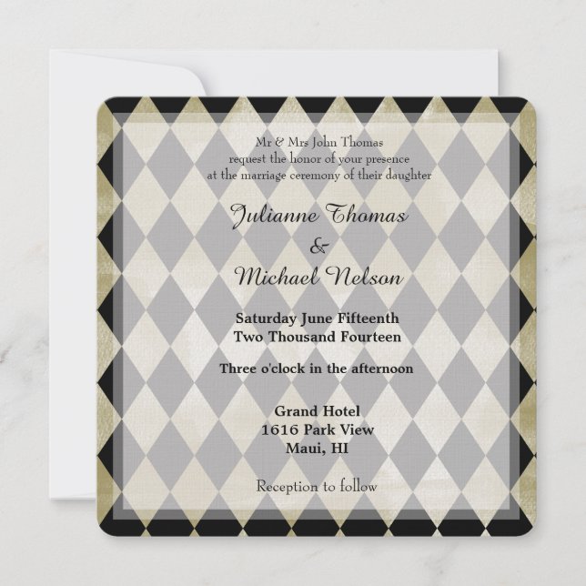 Invitación Boda de acuarela de oro y diamantes negros (Anverso)