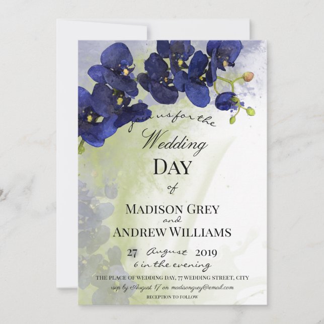 Invitación Boda de acuarela de orquídea azul oscuro (Anverso)