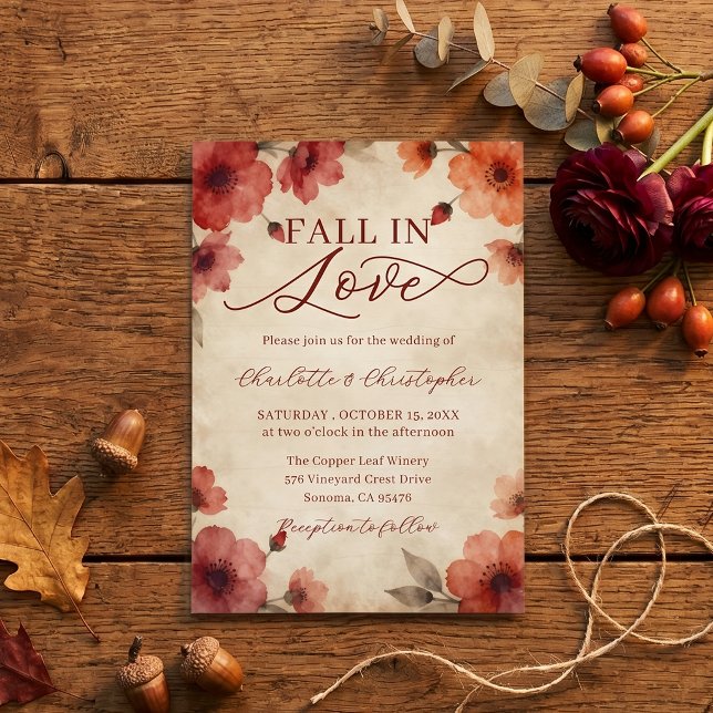 Invitación Boda de acuarela de otoño Borgoña enamorada (Subido por el creador)