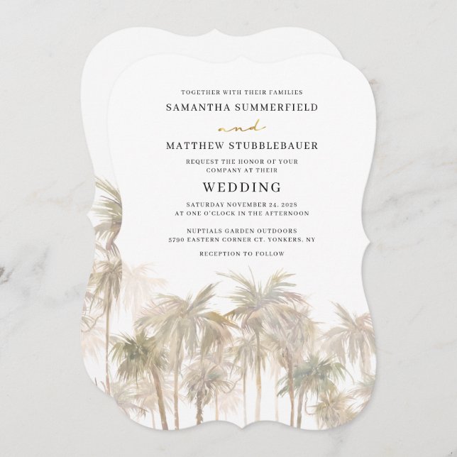 Invitación Boda de acuarela de palmeras costeras (Anverso / Reverso)