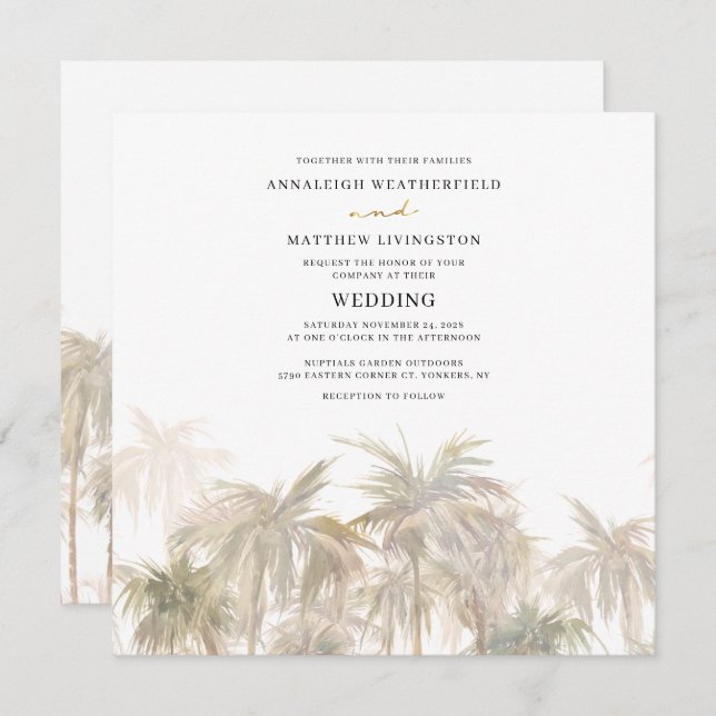 Invitación Boda de acuarela de palmeras modernas (Anverso / Reverso)