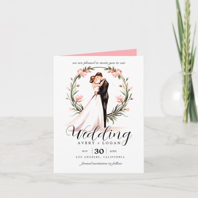Invitación boda de acuarela de pareja novia y novio (Anverso)