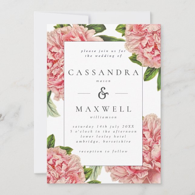 Invitación Boda de acuarela de peones rosados botánicos de ép (Anverso)