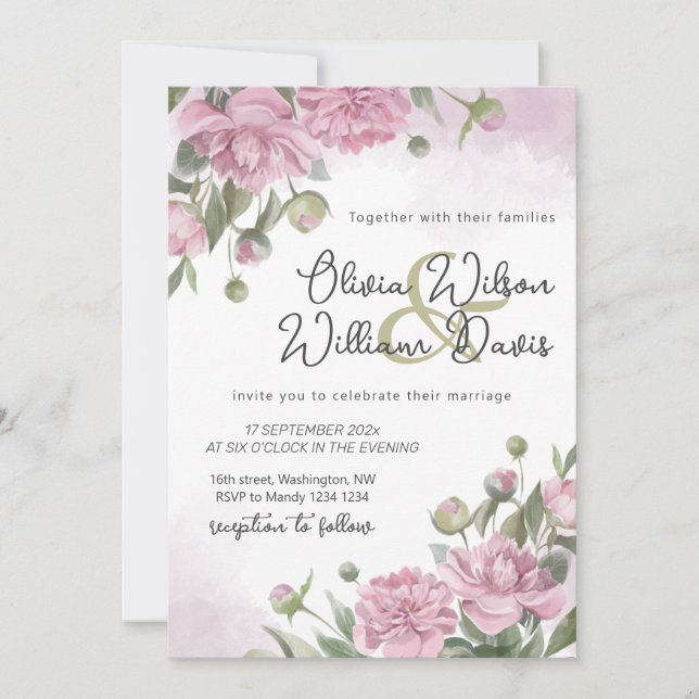 Invitación Boda de Acuarela de Peonía Rosa  (Anverso)