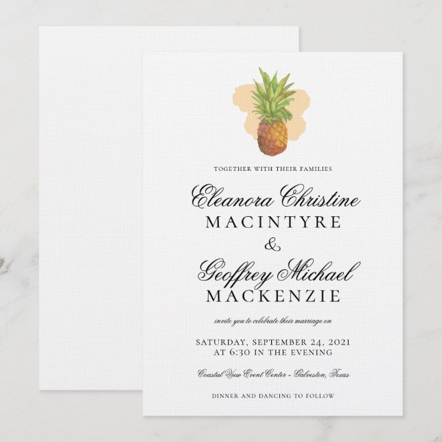 Invitación Boda de acuarela de piña de Isla Tropical (Anverso / Reverso)