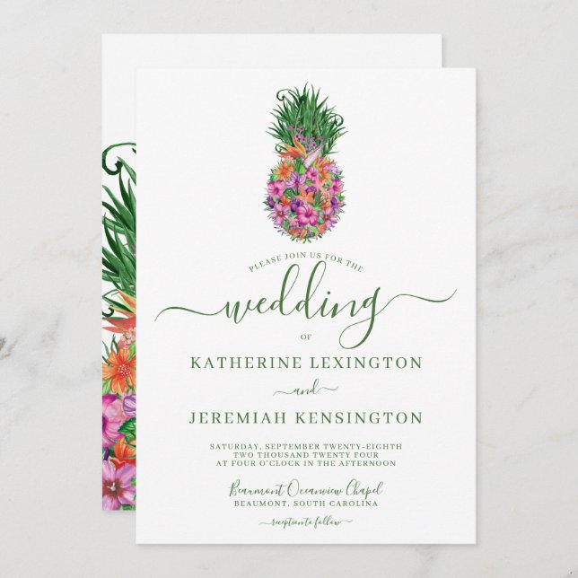 Invitación Boda de acuarela de piña tropical floral (Anverso / Reverso)
