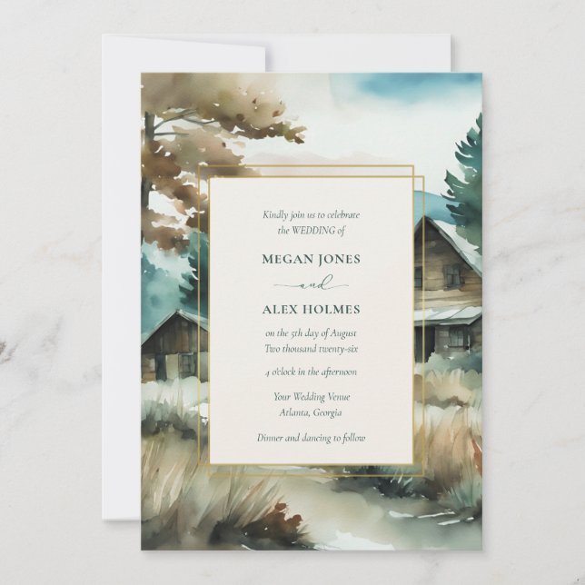 Invitación Boda de acuarela de pino de madera (Anverso)