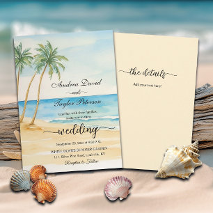 Invitación Boda de acuarela de playa y palmeras todo en uno