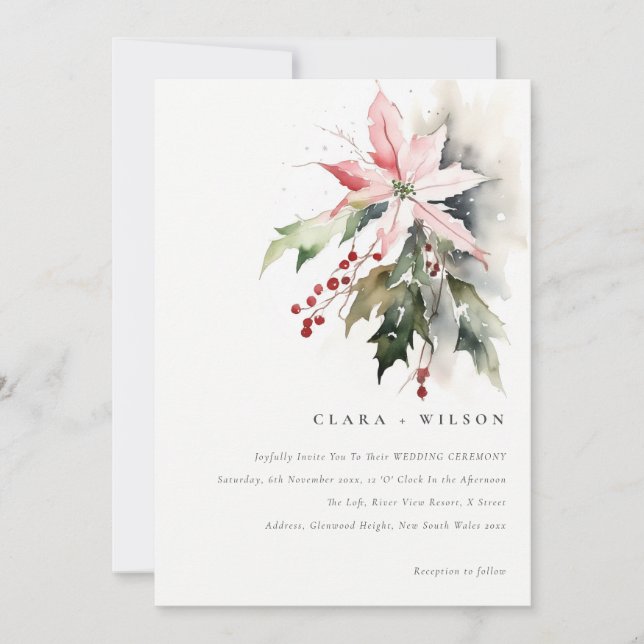 Invitación Boda de acuarela de Poinsettia Berries Foliage (Anverso)