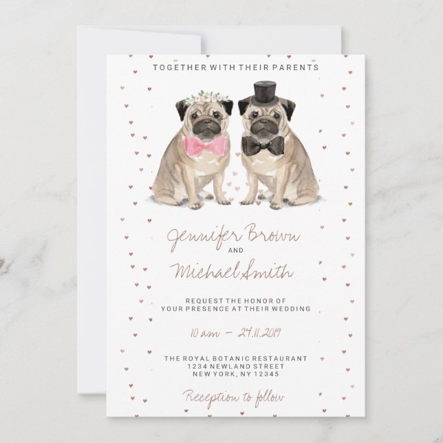 Invitación Boda de acuarela de Pug (Anverso)