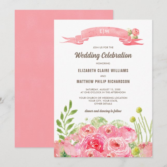 Invitación Boda de acuarela de Rosas románticos (Anverso / Reverso)