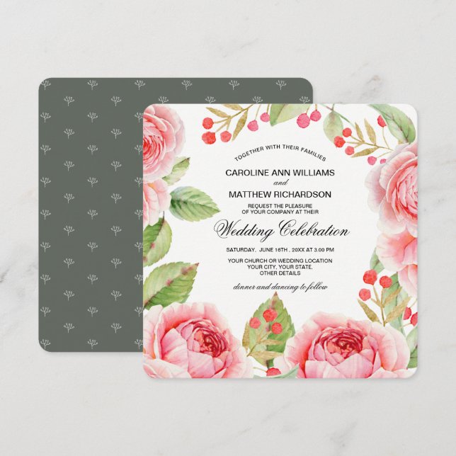 Invitación Boda de acuarela de Rosas románticos (Anverso / Reverso)