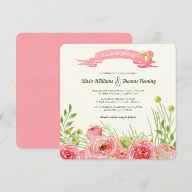 Invitación Boda de acuarela de Rosas románticos (Anverso / Reverso)