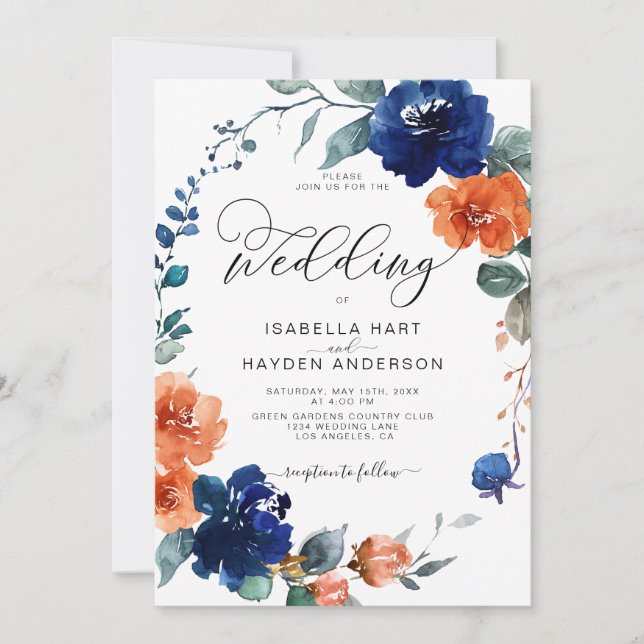 Invitación Boda de acuarela de roya de Naranja floral (Anverso)